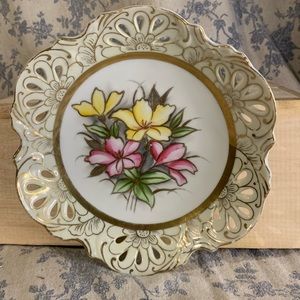 VTG 1950s Lipper & Mann Pierced Scalloped Hand-painted Porcelain Bowl